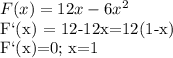 F(x)=12x-6x^2&#10;&#10;F`(x) = 12-12x=12(1-x)&#10;&#10;F`(x)=0; x=1&#10;&#10;