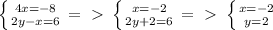 \left \{ {{4x=-8} \atop {2y-x=6}} \right. =\ \textgreater \ \left \{ {{x=-2} \atop {2y+2=6}} \right. =\ \textgreater \ \left \{ {{x=-2} \atop {y=2}} \right.