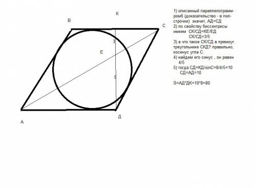 Параллелограмм авсд описан около окружности. высота дк пересекает диагональ ас в точке е, причем де
