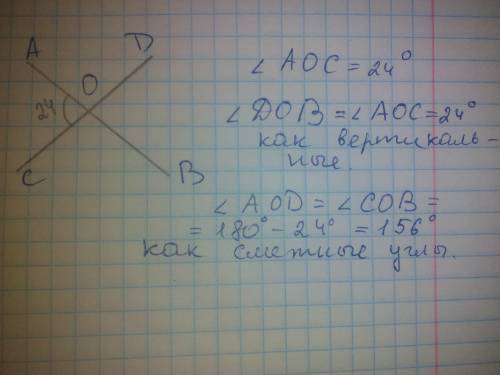 Один угол,образовавшийся в результате пересечения двух прямых,равна 24*.найдите все углы,образованны