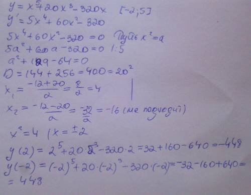 Найдите наибольшее значение функции у=х5+20х3-320х на отрезке [-2; 5]