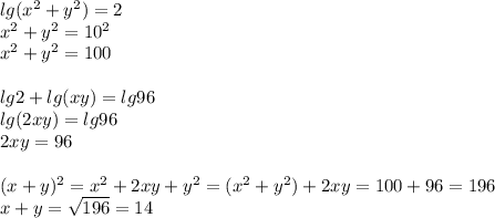 lg(x^2+y^2)=2 \\ x^2+y^2=10^2 \\ x^2+y^2=100 \\ \\ lg2+lg(xy)=lg96 \\ lg(2xy)=lg96 \\ 2xy=96 \\ \\ (x+y)^2=x^2+2xy+y^2=(x^2+y^2)+2xy=100+96=196 \\ x+y= \sqrt{196}=14