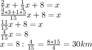 \frac{2}{5}x+\frac{1}{3}x+8=x\\&#10;\frac{2*3+1*5}{15}x+8=x\\&#10;\frac{11}{15}x+8=x\\&#10;\frac{4}{15}x=8\\&#10;x=8:\frac{4}{15}=\frac{8*15}{4}=30 km