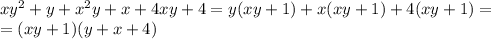 xy^2+y+x^2y+x+4xy+4=y(xy+1)+x(xy+1)+4(xy+1)= \\ =(xy+1)(y+x+4)