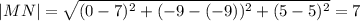 |MN|= \sqrt{(0-7) ^{2}+(-9-(-9)) ^{2} +(5-5) ^{2} } =7