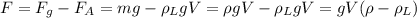 F = F_g - F_A = m g - \rho_L g V = \rho g V - \rho_L g V = g V (\rho - \rho_L)