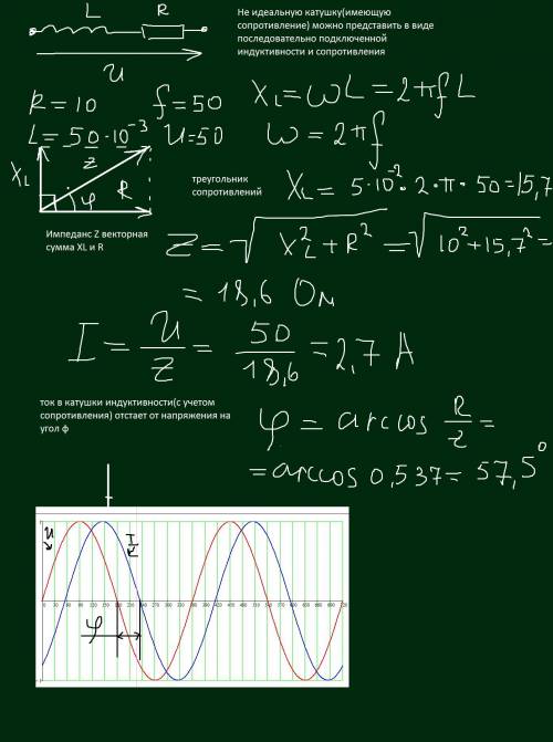 Катушка с электрическим сопротивлением r=10 ом, собственная индуктивность катушки l=50 мh присоедена