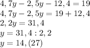 4,7y-2,5y-12,4=19\\ 4,7y-2,5y=19+12,4\\ 2,2y=31,4 \\ y=31,4:2,2 \\ y=14,(27)