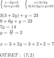 \left \{ {{x-2y=3} \atop {3x+y=23}} \right. \ \ \left \{ {{x=3+2y} \atop {3(3+2y)+y=23}} \right. \\ \\ 3(3+2y)+y=23 \\ 9+6y+y=23\\7y=14\\y= \frac{14}{7} =2 \\ \\ x=3+2y=3+2*2=7 \\ \\ OTBET: \ (7;2)