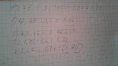 Какое решение (17,71: 3,5-3,46)*1,05+2,27=
