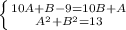 \left \{ {{10A+B-9=10B+A} \atop {A^{2}+B ^{2}=13&#10; }} \right.