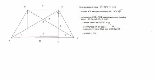 Вравнобокий трапеции авсd с основаниями вс=9 и аd=15 диагональ ас перпендикулярна боковой стороне сd
