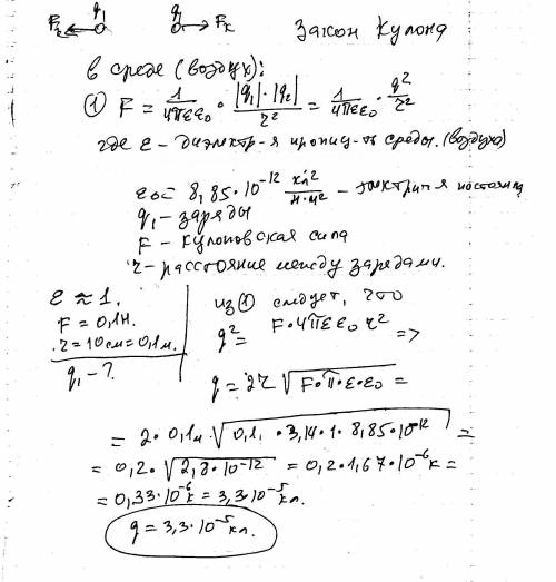 Два одинаковых заряда,находясь в воздухе на расстоянии 10 см друг от друга,взаимодействуют с силой 0