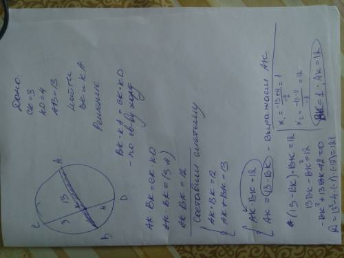 Решите хорды ab и cd окружности пересекаются в точке к, ав=13,ск=3,dk=4 ак> вк найдите вк и ак