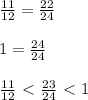 \frac{11}{12}= \frac{22}{24} \\ \\ 1= \frac{24}{24} \\ \\ \frac{11}{12}\ \textless \ \frac{23}{24} \ \textless \ 1