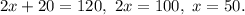 2x+20=120,~2x=100,~x=50.