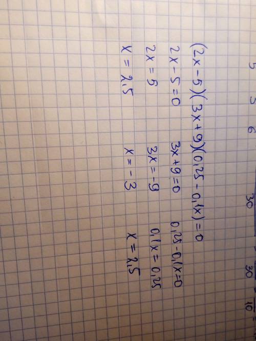 Уравнение: (2x-5)(3x+9)(0,25-0,1x)=0