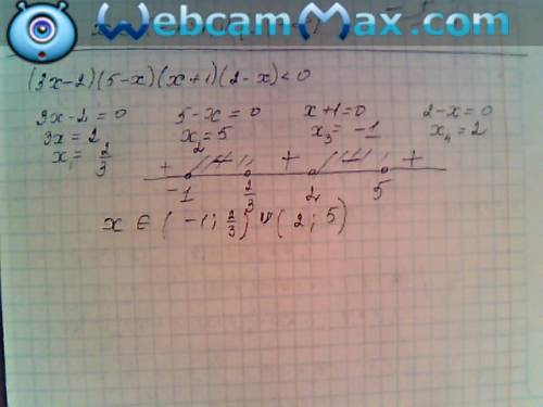 Решите неравенство (3x-2)(5-x)(x+1)(2-x)< 0