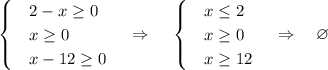 \begin{cases}&\text{}2-x\geq 0\\&\text{}x\geq 0\\&\text{}x-12\geq 0\end{cases}~~~\Rightarrow~~~\begin{cases}&\text{}x\leq 2\\&\text{}x\geq 0\\&\text{}x\geq 12\end{cases}~~~\Rightarrow~~~ \varnothing