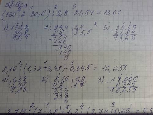 Решите примеры расписывая по действиям. (130,2 - 30,8) : 2,8 - 21,84 8,16 : (1,32 + 3,48) - 0,345 3,