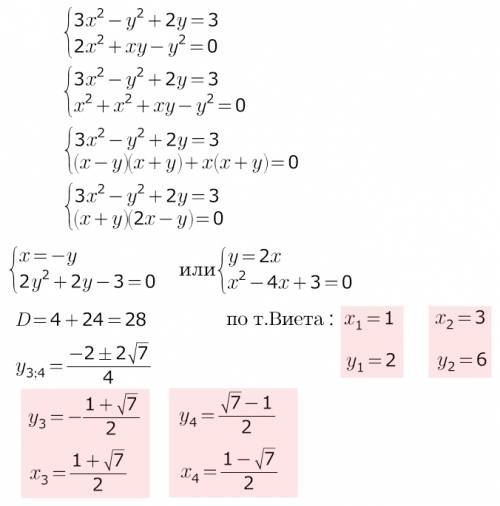 Решить систему 3x^2-y^2+2y=3 2x^2+xy-y^2=0