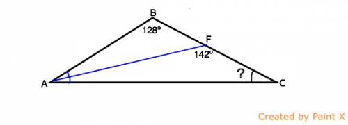 Втреугольнике авс проведена биссектриса af, угол afc равен 128 градусов, угол авс равен 142 градуса.