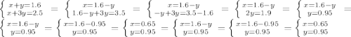 \left \{ {{x+y=1.6} \atop {x+3y=2.5}} \right = \left \{ {{x=1.6 - y} \atop {1.6 - y + 3y = 3.5}} \right. = \left \{ {{x=1.6 - y} \atop {-y+3y=3.5-1.6}} \right. = \left \{ {{x=1.6 - y} \atop {2y=1.9}} \right. = \left \{ {{x=1.6 - y} \atop {y=0.95}} \right. = \left \{ {{x=1.6 - y} \atop {y=0.95}} \right. = \left \{ {{x=1.6-0.95} \atop {y=0.95}} \right. = \left \{ {{x=0.65} \atop {y=0.95}} \right. = \left \{ {{x=1.6 - y} \atop {y=0.95}} \right. = \left \{ {{x=1.6-0.95} \atop {y=0.95}} \right. = \left \{ {{x=0.65} \atop {y=0.95}} \right.