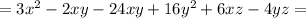 =3x^2-2xy-24xy+16y^2+6xz-4yz=