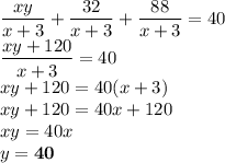 \dfrac{xy}{x + 3} + \dfrac{32}{x+3} + \dfrac{88}{x+3} = 40\\\dfrac{xy + 120}{x + 3} = 40\\xy + 120 = 40(x + 3)\\xy + 120 = 40x + 120\\xy = 40x\\y = \bf{40}