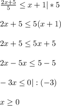 \frac{2x+5}{5} \leq x+1 |*5 \\ \\ 2x+5 \leq 5(x+1) \\ \\ 2x+5 \leq 5x+5 \\ \\ 2x-5x \leq 5-5 \\ \\ -3x \leq 0 |:(-3) \\ \\ x \geq 0