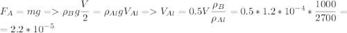 \displaystyle F_A=mg = \rho_B g\frac{V}{2}=\rho_{Al}gV_{Al}= V_{Al}=0.5V\frac{\rho_B}{\rho_{Al}}=0.5*1.2*10^{-4} *\frac{1000}{2700}=\\ =2.2*10^{-5}