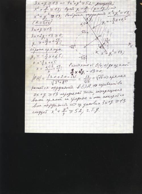 Известно, что 3x+y≥13. докажите, что 4x²+y²≥52