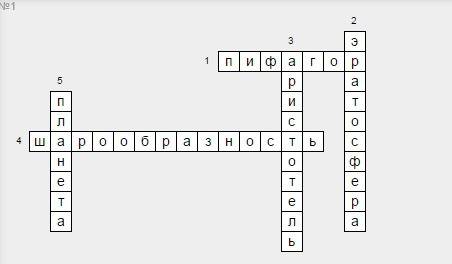 Составить кроссворд со словами: планета, пифагор, аристотель, эратосфера, шарообразность