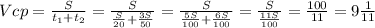 Vcp= \frac{S}{t_1+t_2} = \frac{S}{ \frac{S}{20} + \frac{3S}{50} } = \frac{S}{ \frac{5S}{100} + \frac{6S}{100} } = \frac{S}{ \frac{11S}{100} } = \frac{100}{11}=9 \frac{1}{11}