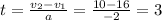 t= \frac{v_{2} -v_{1} }{a}=\frac{10-16}{-2}=3