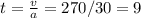 t= \frac{ v}{a} =270/30=9