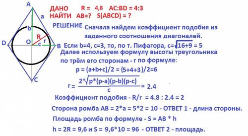 Вромб вписана окружность радиусом 4.8. длины диагоналей ромба относятся как 3: 4 1)найдите сторону р