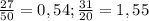 \frac{27}{50} = 0,54; \frac{31}{20} = 1,55&#10;&#10;&#10;&#10;