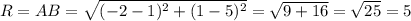 R=AB=\sqrt{(-2-1)^{2}+(1-5)^{2}}=\sqrt{9+16} =\sqrt{25}=5