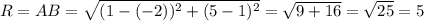 R=AB=\sqrt{(1-(-2))^{2}+(5-1)^{2}}=\sqrt{9+16}=\sqrt{25}=5