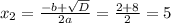 x_{2} = \frac{ -b +\sqrt{D}}{2a} = \frac{2+8}{2}=5