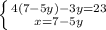 \left \{ {{4(7-5y)-3y=23} \atop {x=7-5y}} \right.