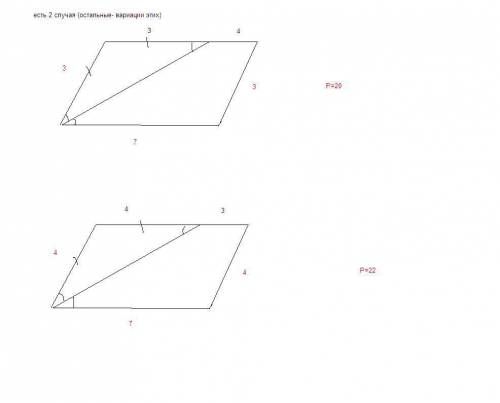 Биссектриса одного из углов параллелограмма делит его сторону на отрезки 3 см и 4 см. найдите периме