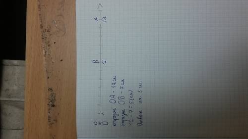 На координатном луче отметёт точки o(0),a(12),b(7).на сколько единичных отрезков отрезок oa длиннее