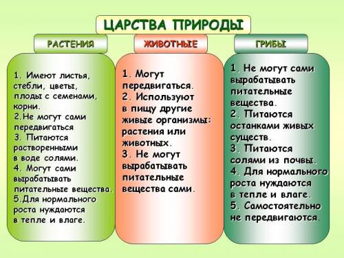 Скажите как сделать таблицу царства живых организмов,признаки,царство растений.