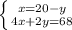 \left \{ {{x=20-y} \atop {4x+2y=68}} \right.