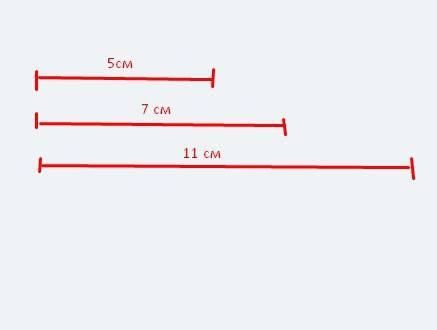 Начерти три отрезка. первый длиной 5см ,второй на 2 см длиннее первой , третья на 4 см длиннее второ