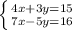 \left \{ {{4x+3y=15} \atop {7x-5y=16}} \right.