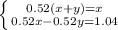 \left \{ {{0.52(x+y)=x} \atop {0.52x-0.52y=1.04}} \right.