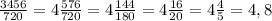 \frac{3456}{720} = 4\frac{576}{720} = 4\frac{144}{180} =4\frac{16}{20} =4\frac{4}{5}=4,8